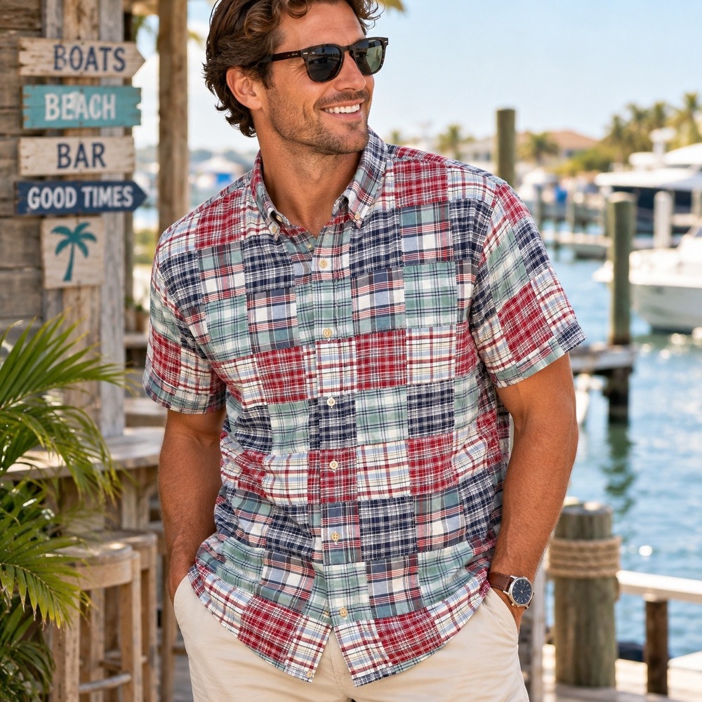 Eddie Bauer Patchwork Madras Plaid Shirt Mens Short Sleeve Preppy Cotton Est XL